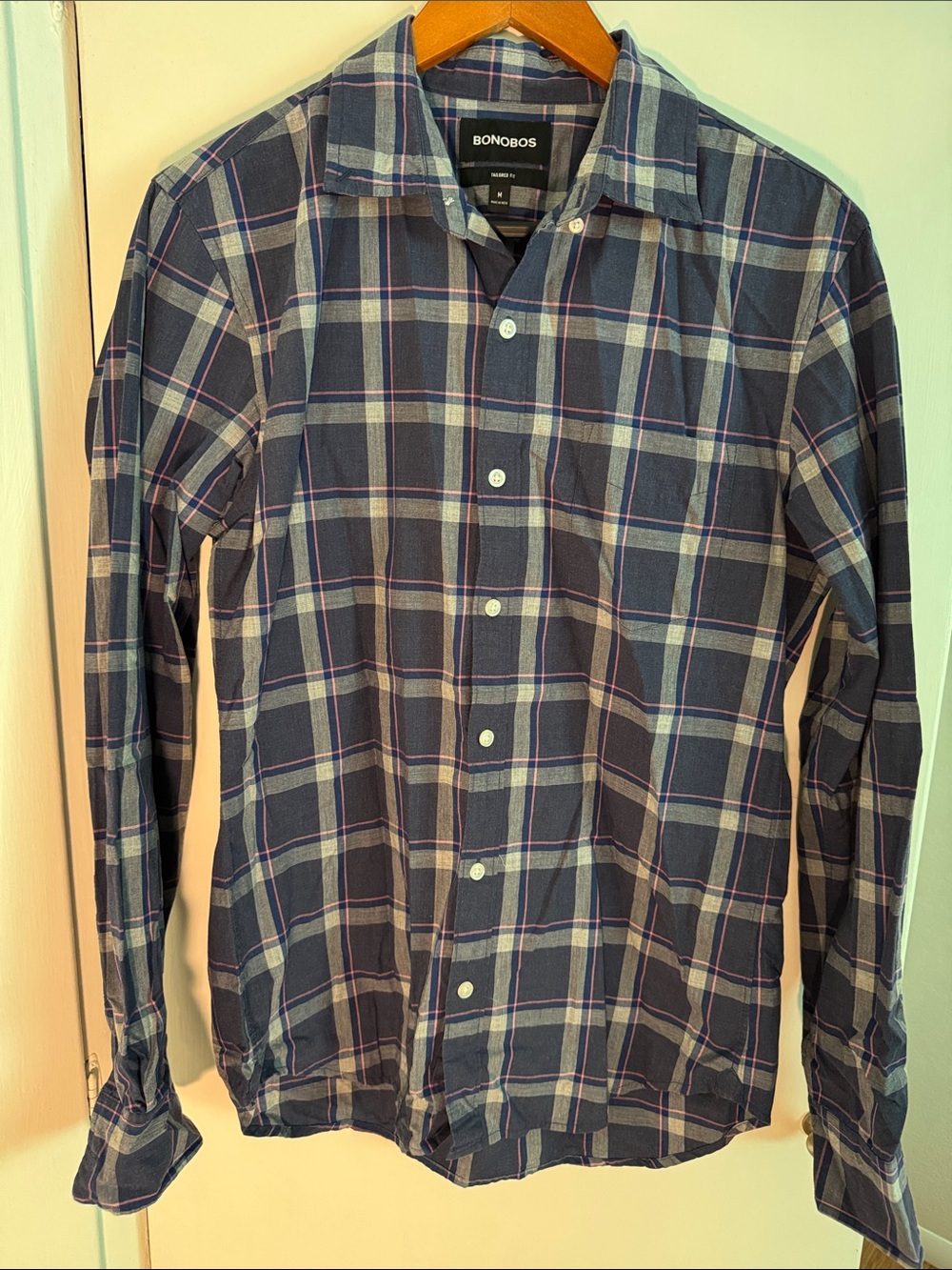 Bonobos Navy and Light Blue Plaid Button-Down Shirt with Pink Accents